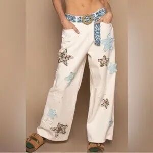 🌟SALE 132 Pol Cream Oatmilk Star Patches Boho Pant FIRM